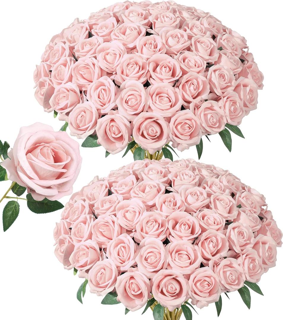 50 PCS Roses Artificial Flowers, Fake Roses with Stem Realistic Blush Silk Rose for DIY Wedding Bouquets Table Centerpieces Arrangements Baby Shower Birthday Home Decor Valentines Day Gift for Her