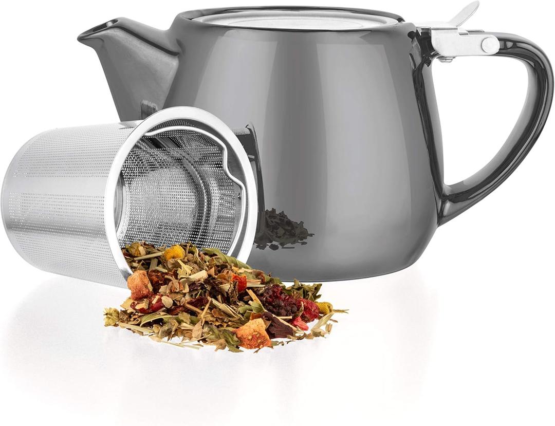Tealyra - Pluto Porcelain Small Teapot Grey - 18.2-ounce (1-2 cups) - Unique Finish - Stainless Steel Lid and Extra-Fine Infuser To Brew Loose Leaf Tea - 540ml (Gray)