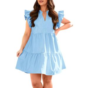 Fisoew Plus Size Dresses for Women Summer Ruffle Short Sleeve V Neck Dress Tiered Swing A Line Babydoll Mini Dress, 4xl, Blue