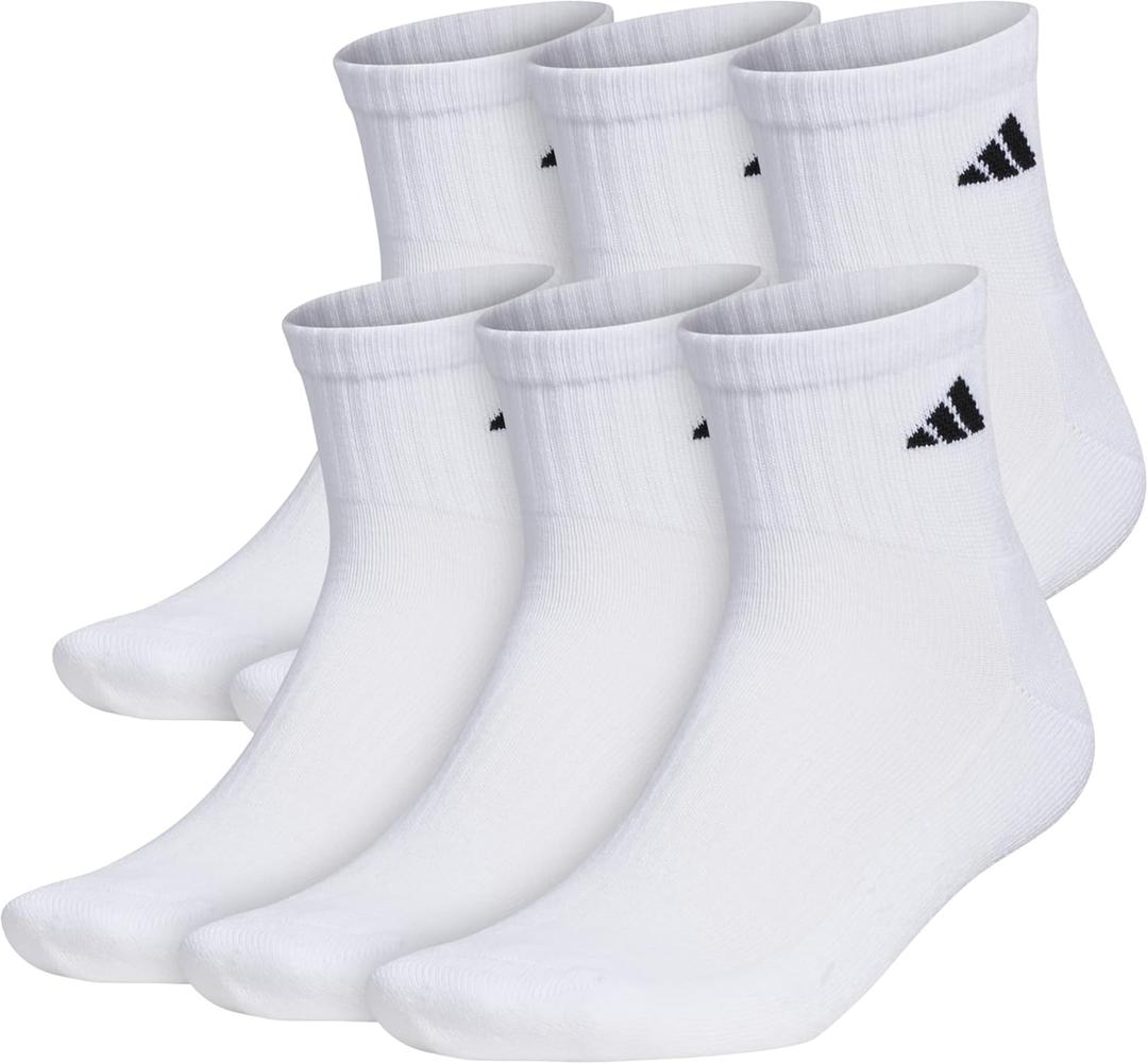 adidas Men's Socks, Athletic Cushioned Quarter 6-Pack, Ankle Fit with Arch Support (Large, White/Black)