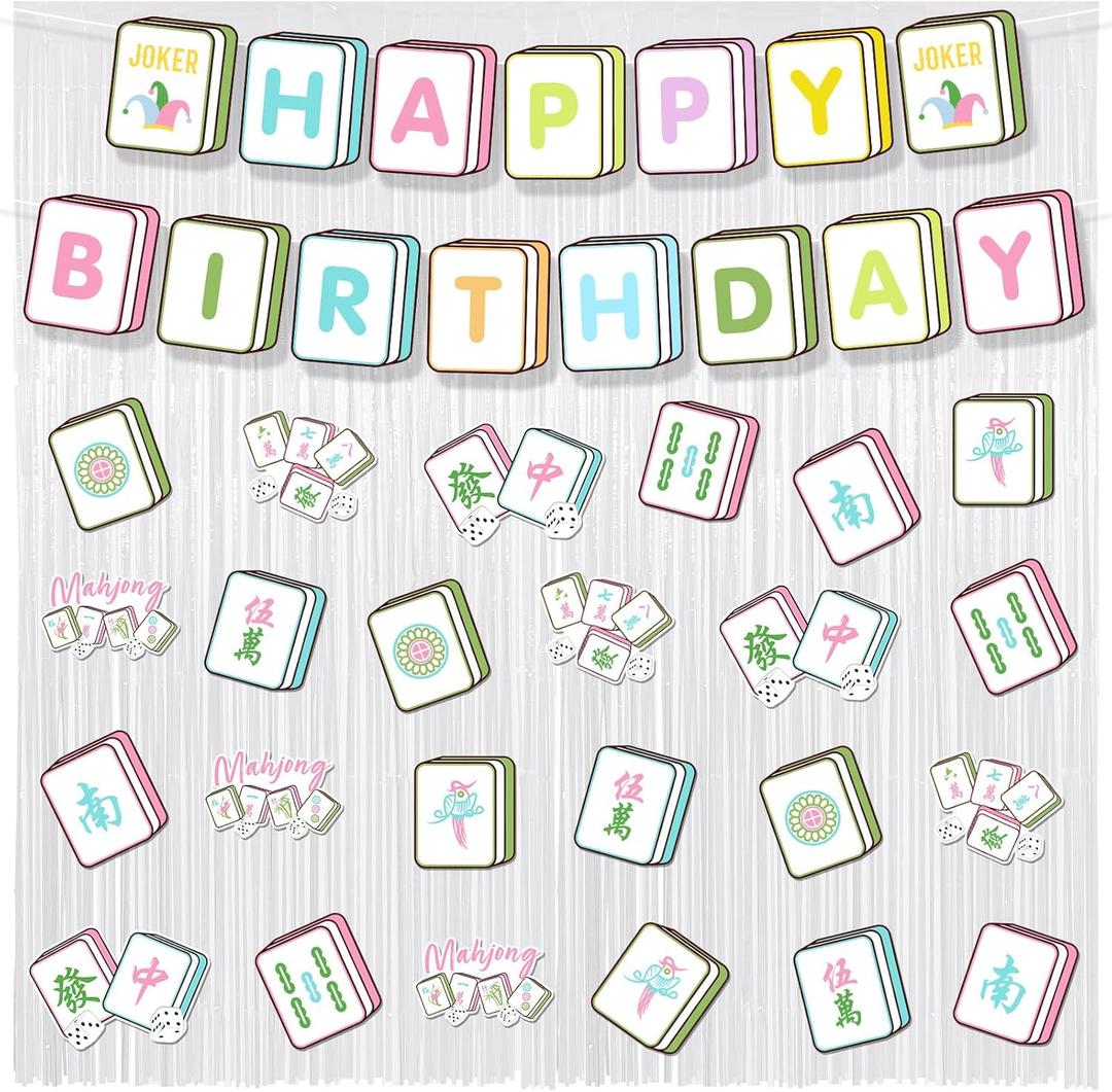 Epakh 39 Pcs Mahjong Birthday Party Decorations Includes 24 Pieces Paper Cards Decor 13 Pcs Happy Birthday Banner 2 Pieces Foil Fringe Curtain Backdrop for Photo Prop Themed Party Supplies