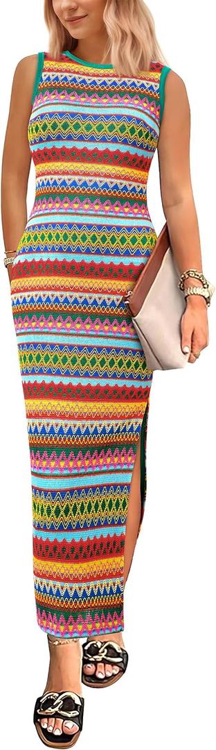 PRETTYGARDEN Womens Maxi Tank Spring Dress Sleeveless Crew Neck Striped Side Slit Casual Long Bodycon Dresses (M)