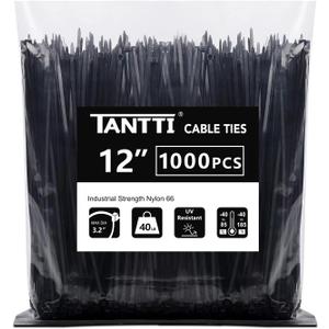 Zip Ties 12 inch, Black Zip Ties 1000 pack, 40lb, Cable Ties, Self-locking Wire ties for indoor and outdoor use, by Tantti