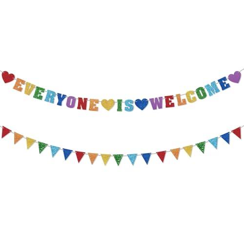 Glitter Everyone is Welcome Banner, First Day of School Classroom Pennant Banner Long Colorful Flag Welcome Back to School Hanging Ornaments Classroom Decoration Supplies, Set of 2