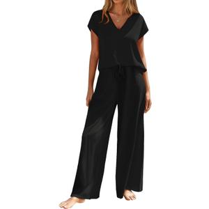Andeip Womens Pajama Sets Short Sleeve Top and Long Pants Loungewear 2 Piece Lounge Set (Medium, Black)