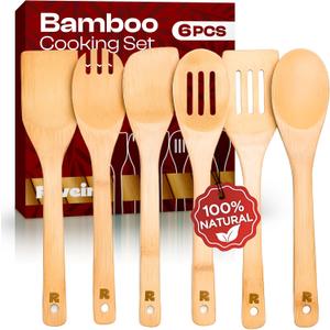 Riveira Bamboo Cooking Spoons 6-Piece  Wooden Cooking Utensils Set with Wooden Spoons for Cooking & Spatulas Wooden Utensil Sets  Premium Kitchen Utensils Set  Durable First Apartment Essentials