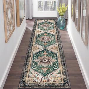 Yamaziot Washable Runner Rug, 2x8 Non-Slip Boho Vintage Hallway Rug Runner with Rubber Backing, Stain Resistant & Low Pile Faux Wool Distressed Carpet Runner for Kitchen, Laundry, Entrance, Turquoise