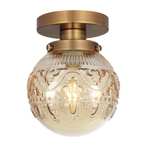 Daunton Semi Flush Mount Ceiling Light, Gold Vintage Kitchen Ceiling Lighting Fixture, Amber Globe Glass Close to Ceiling Light, Modern Hallway Lighting for Bathroom Bedroom Corridor Entryway