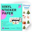Printable Vinyl Sticker Paper for Inkjet Printer-35 Sheets Glossy White 8.5" x 11" Waterproof Labels Paper, Dries Quickly, Vivid Colors, Tear Resistant, DIY Christmas Stickers