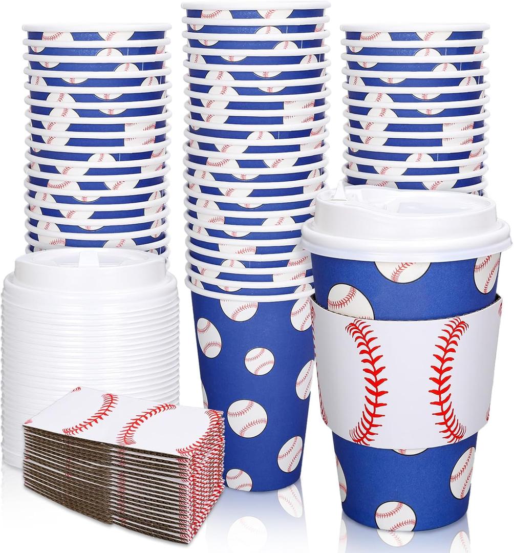 Whaline 50 Set Baseball Disposable Coffee Cups With Lids And Sleeves 16oz Red Blue White Baseball Paper Drinking Cups for Baseball Themed Birthday Carnival Wedding Baby Shower Sport Party Supplies