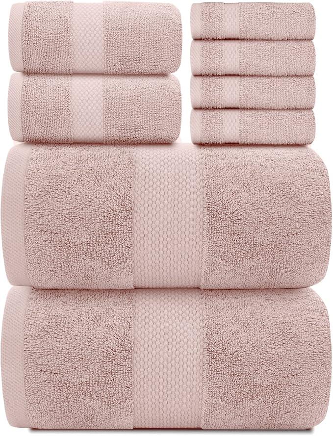 White Classic Luxury Bath Towel Set of 8 Pieces - 100% Turkish Cotton Highly Absorbent Towels for Bathroom, 2 Luxury Bath Towels 700GSM, 2 Hand Towels, 4 Washcloths, Pink