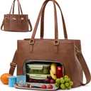 LOVEVOOK Lunch Bag for Women, Leather Laptop Tote Bag with Insulated Lunch Compartment for Work, Office (15.6 inch, Brown)