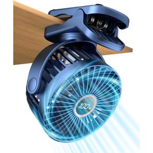 Buywoo Portable Mini Personal Fan, Small Rechargeable Battery Powered Stroller Fan for Desk, Strong Clamp Grip, 360 Rotation, 3-Speed, LED Display, Clip On Cooler for Bed, Golf Cart, Office, Blue