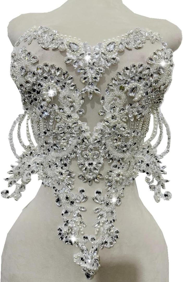 Handmade red/Blue/Gold/Green Rhinestones lace Bodice Applique Sewing Beads Crystal Trim Patches Accessory for Dress Clothes (White)