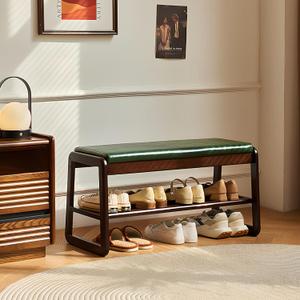 Green Shoe Bench, Entryway Bench with Leather Cushion, Solid Wood Shoe Rack, Mid Century Modern Bench, Shoe Storage, Shoe Organizer for Entryway, 31.5 L x 11.8 D x 16.5 H Inches