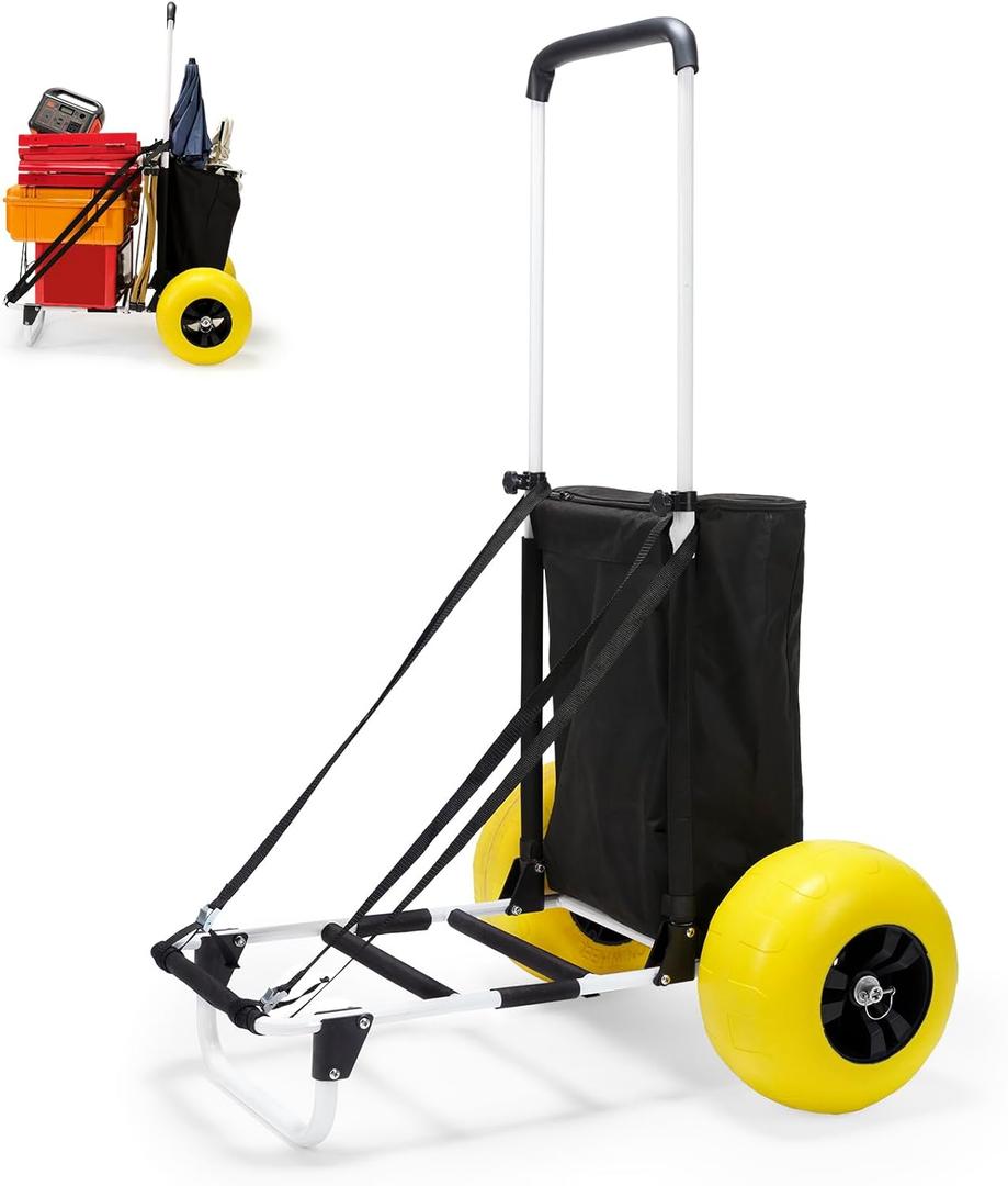 Beach Fishing Cart, 13 Big Balloon Wheels w/Flat-Free Solid PU Tires for Sands, 165LBS Loading Folding Sand Cart & 33.1" to 51.6" Adjustable Height, Beach Buggy Cart w/Storage Bag, No Rust