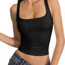 QINSEN Womens Tank Tops with Built in Bras Square Neck Double Lined Basic Sleeveless Workout Tops (Black, M)