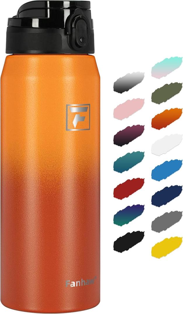 Fanhaw 24 oz Insulated Stainless Steel Water Bottle with Anti-Dust Chug Lid, Leakproof Vacuum Metal Bottle for Kids, Women & Men (Yellow Orange)