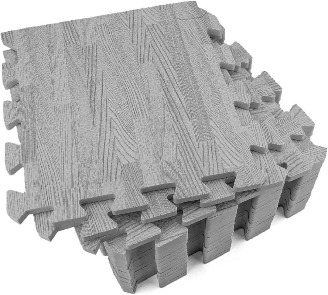 Tebery 16 Pieces Printed Wood Grain Interlocking Floor Tiles 3/8-Inch Thick EVA Foam Grey Puzzle Floor Mat