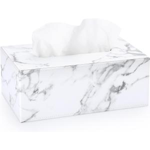 Sumnacon Rectangular Leather Tissue Box Cover - Stylish Tissue Box Holder with Magnetic Bottom, Decorative PU Tissue Box for Vanity Dresser Night Stand Table Countertop Home Office Car, Marble White (Medium)