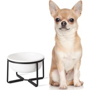 Ceramic Elevated Dog Food Bowl - Raised Dog Dish with Metal Stand - Pet Feeding Bowl for Puppies and Cats - 1 Cup - 13.5 fl oz - Matte White