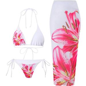 GORGLITTER Women's 3 Piece Swimsuits Floral Print Halter Triangle Tie Side Bikini Set with Cover Up Skirt (Large, White and Pink)