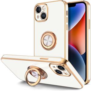 Hython for iPhone 14 Plus Case with Ring Stand [360 Rotatable Ring Holder Magnetic Kickstand] [Support Car Mount] Plated Gold Edge Soft TPU Luxury Shockproof Protective Phone Case Cover, White