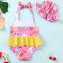 Kucnuzki Baby Girl Swimsuit Newborn One Piece Bathing Suit Bow Tie Bikini Tankini Infant Swimwear with Hat