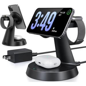 3 in 1 Wireless Charging Station for Apple, 15W Mag-Safe Charger Stand for iPhone17/16/15/14/13/12 Pro/Max/Plus/, Phone Charger Stand for Airpods 4/3/2, Wireless Charger for iWatch Series(Black)
