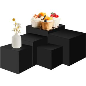 Geetery Set of 5 Display Buffet Risers Acrylic Cube with Hollow Bottoms Acrylic Boxes for Display Dessert Table Stands for Catering Collectibles Jewelry Decor(3,4,5,6,7 Inch,Black)