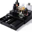 Cologne Organizer for Men, 3-Tier Cologne Stand with Drawer and Hidden Compartment, Wooden Cologne Shelf for Perfume Display Holder, Great Gift for Men, Black