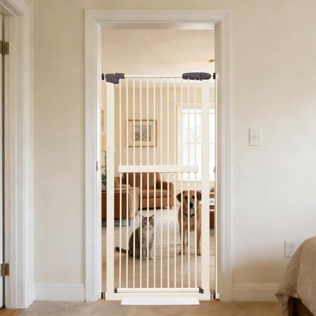 Lumizone Extra Tall Cat Gate 61.02" High Pressure Mounted Extra Wide 30.12"-34.05" (17Sizes) 1.37" Gap No Drilling Auto-Close Tall Pet Gate for Dogs (Cream, 30.12"-34.05"/76.5-86cm)