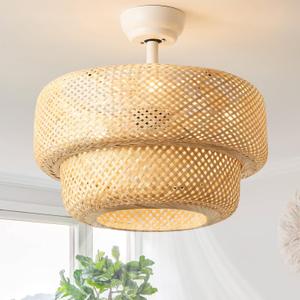 Boho Ceiling Fans with Lights, 20" Rattan Ceiling Fan with Light Remote Control, Caged Fandelier with 6 Speeds for Bedroom, Nursery, Living Room