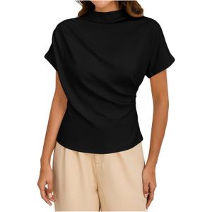 SweatyRocks Women's Casual Short Sleeve Mock Neck Tee Top Asymmetric Ruched Plain T Shirt (X-Large, Black)