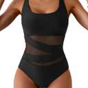 B2prity Women's Mesh One Piece Swimsuit Tummy Control Sexy Bathing Suit Push Up Swim Suit Slimming Swimwear (Black)