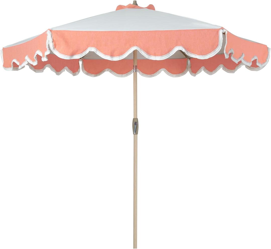 Tempera 9ft Scalloped Patio Umbrellas with Fringe, Market Umbrellas with Water-Resistant and Fade Resistant Canopy, 1.5" Wood Pole & Button Tilt,Beige Spliced Coral Red