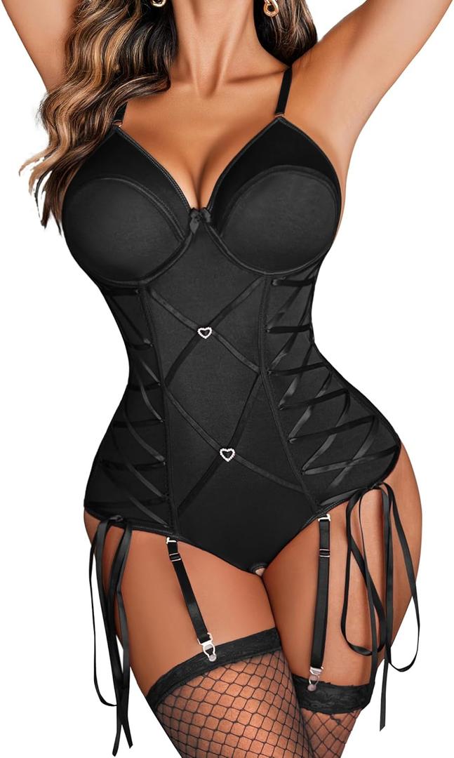 Avidlove Lingerie for Women Sexy Corset Garter Lingerie Set One Piece Teddy Bodysuit Boudoir Outfit (X-Large, Black)