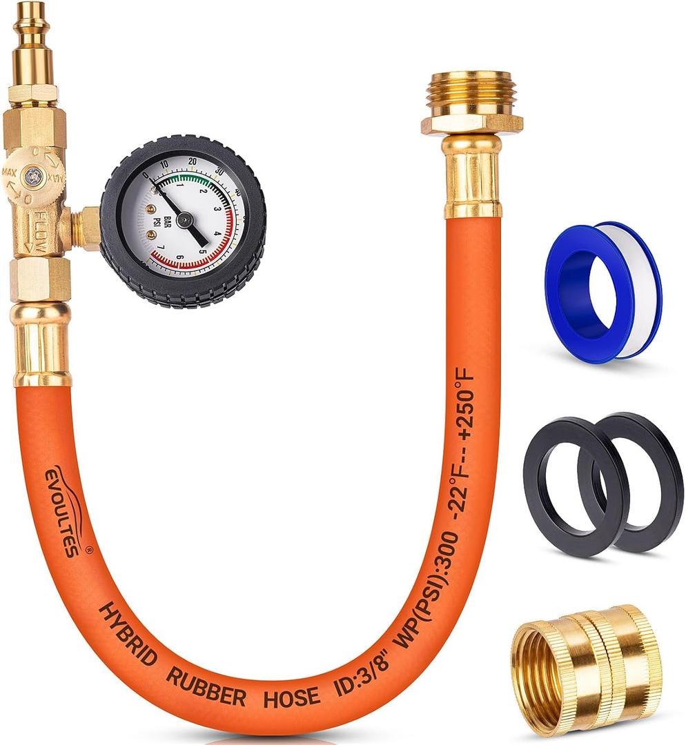 Brass RV Winterizing Kit with Pressure Guage, 17 Inch Garden Hose with 3/4" GHT Blow Out Fitting Adaptor & 1/4" NPT Quick Connect Plug, Sprinkler Blowout Adapter for Camper, Travel Trailer
