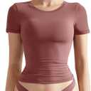 SUUKSESS Women Double Lined Fitted Basic Tee Crew Neck Short Sleeve Y2K Crop Top (Medium, Marsala)