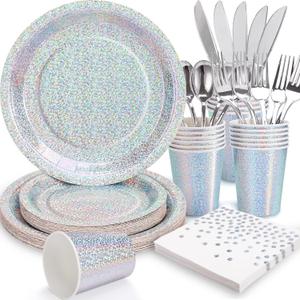 Iridescent Plates Party Supplies-168pcs Iridescent Party Decorations includes Holographic Plates Silver Dot Napkins and Silverware Set for Disco Winter Birthday Party Decorations Serves 