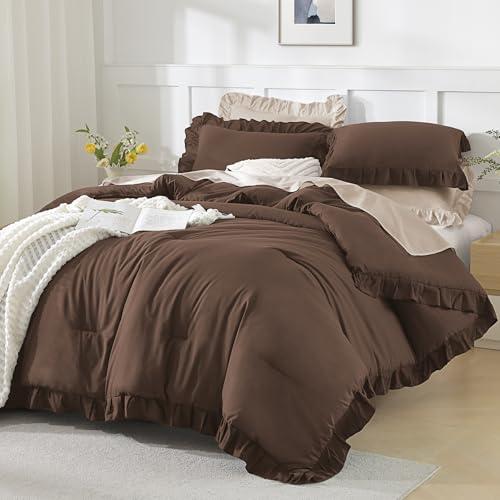 Andency Brown Comforter Full Size, 3 Pieces Solid Farmhouse Shabby Chic Ruffle Bedding Sets, All Season Soft Lightweight Comfy Down Alternative Bed Set for Girls Teens Men Women