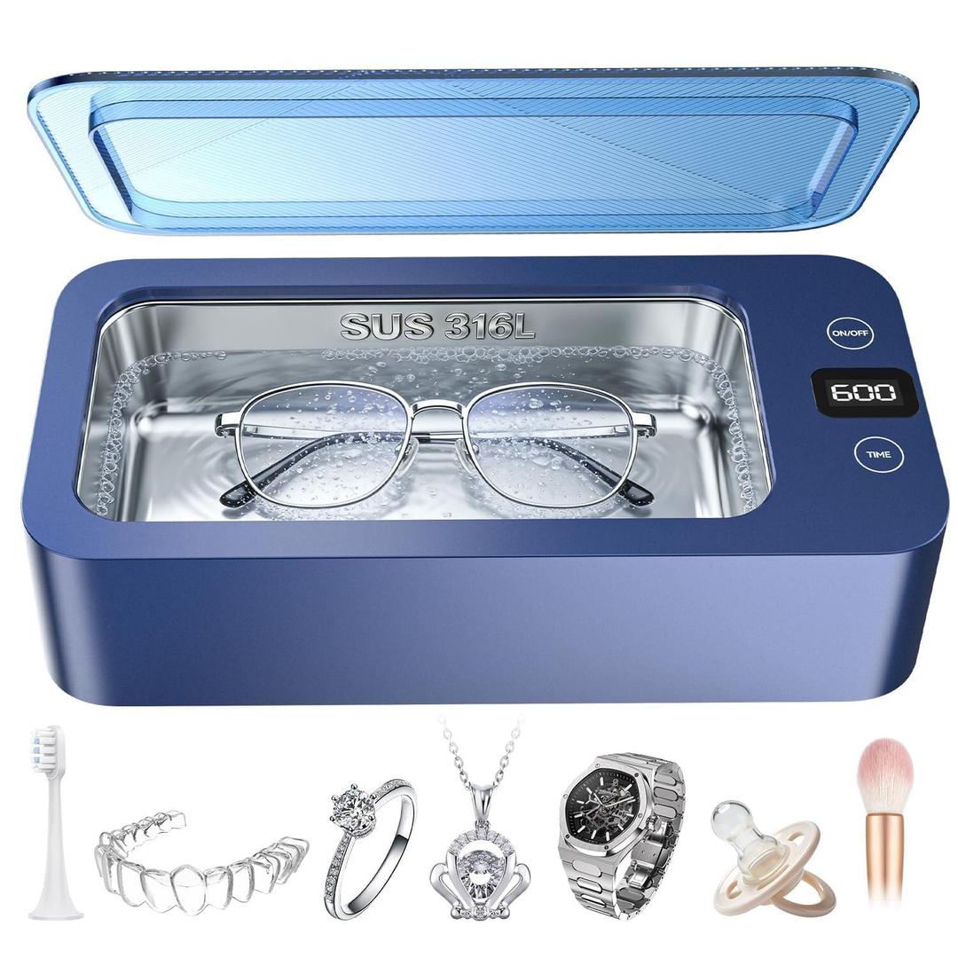 Ultrasonic Jewelry Cleaner, 50khz Professional Ultrasonic Cleaner Machine for Jewelry, Eyeglasses, Watches, Dentures,5 Time Modes,316 Stainless Steel Tank,500ml Capacity (Blue)