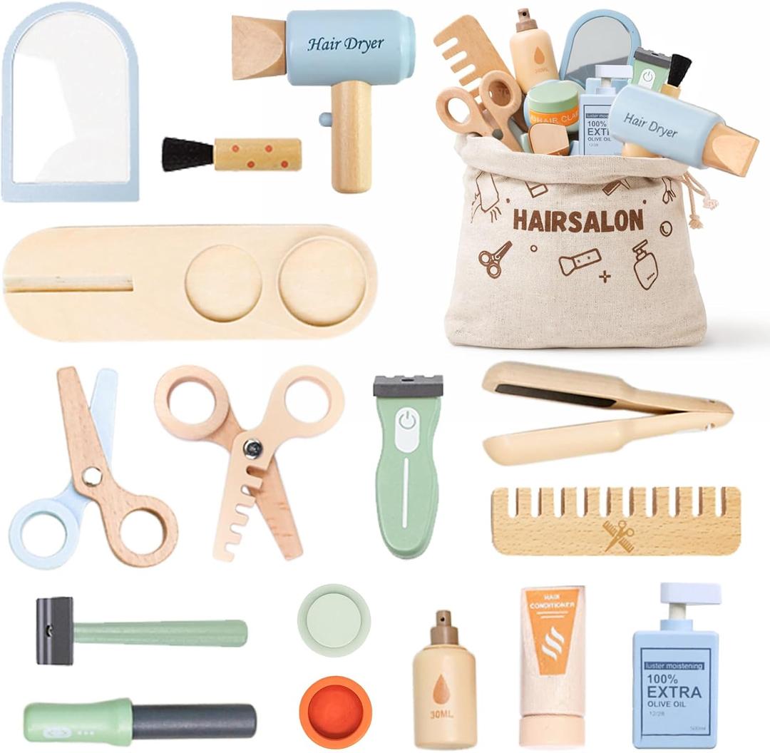 Wooden Makeup Toy Set with Storage Bag, 15PCS Hair Salon Toys for Girls, Wooden Hair Salon Play Set with Mirror & Hair Dryer, Pretend Makeup for Toddlers 3-5, Play Hair Styling Set Birthday Gift