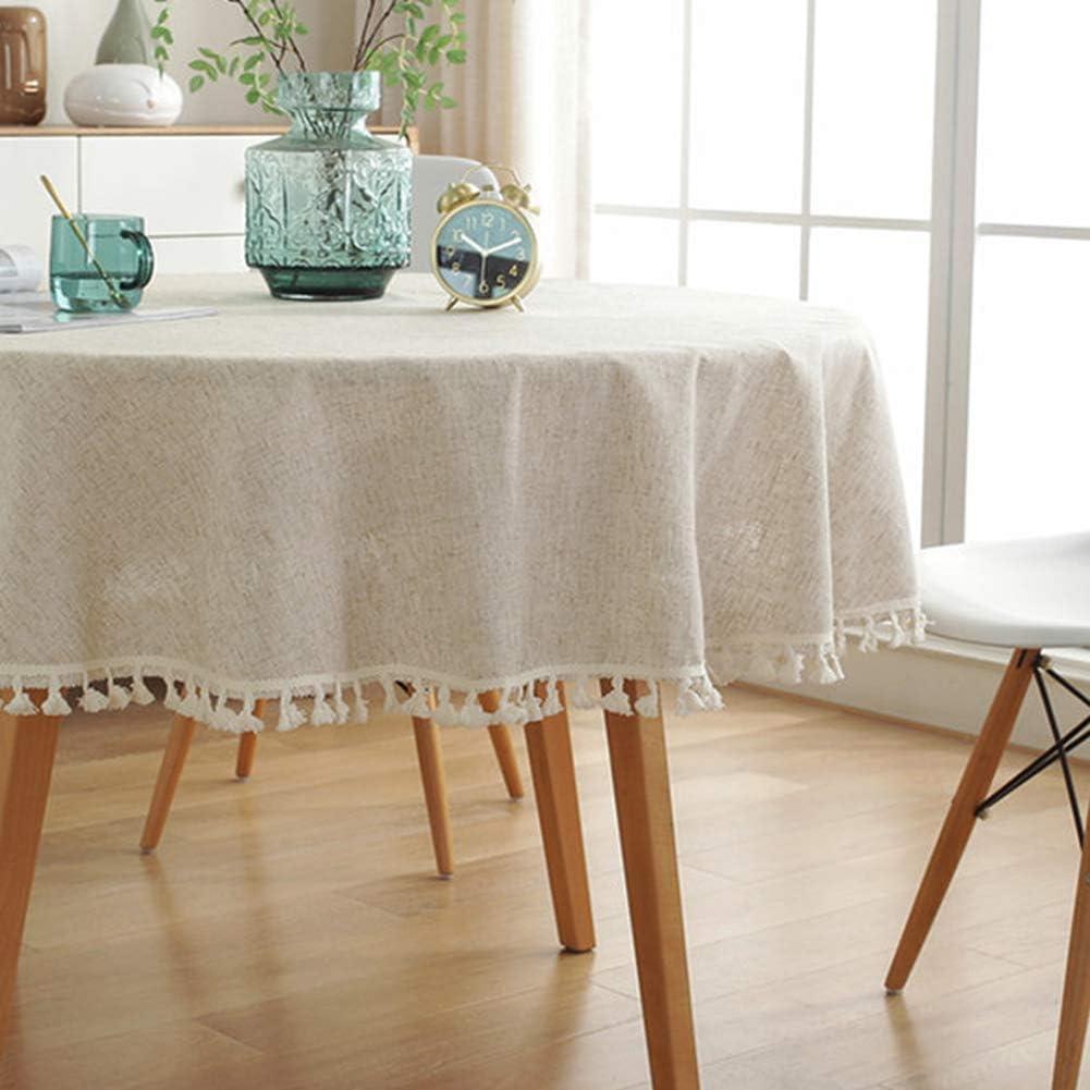 AMZALI Washable Cotton Linen Tablecloths Fabric Tassel Tablecloth Dust-Proof Table Cover for Kitchen Dinning Tabletop Home Decoration (Round 60 Inch, Linen)