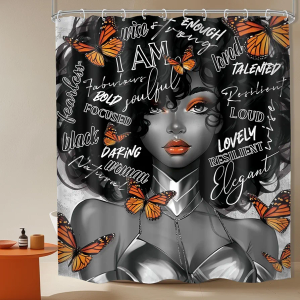 African American Shower Curtain 60Wx72H Black Girl Black Woman Afro Lady Retro Inspirational I Am Vintage Positive Quotes Butterfly Bathroom Decor Bath Curtain Fabric Polyester