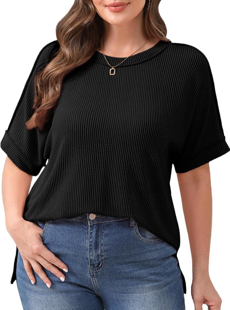 Plus Size Short Sleeve Tops for Women Crewneck Ribbed Knit High Low Hem Tunics Summer Casual T Shirts Black, 5X-Large
