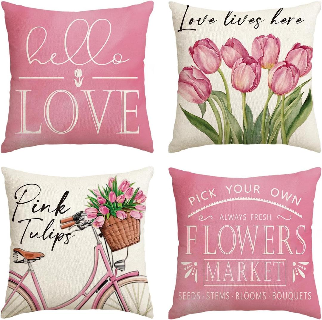 AVOIN colorlife Hello Love Pink Tulips Bicycle Throw Pillow Covers, 18 x 18 Inch Flowers Spring Mother's Day Cushion Case for Sofa Couch Set of 4