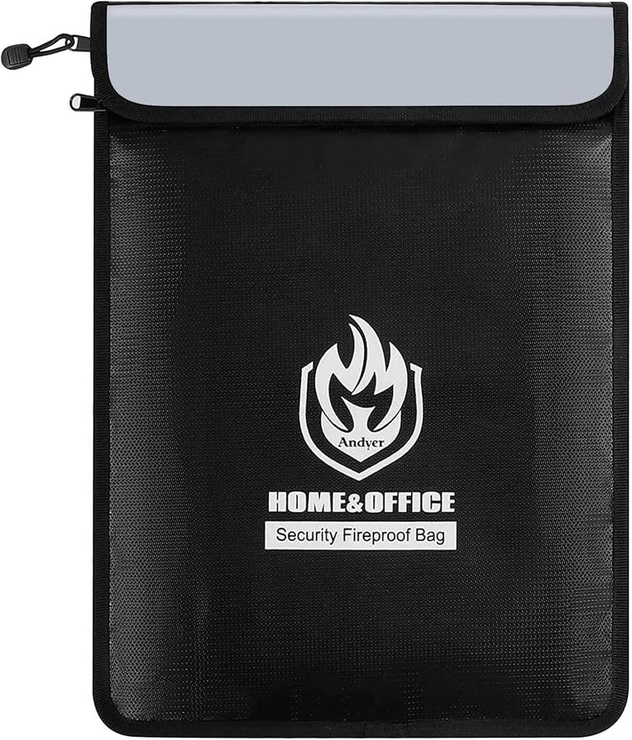 Upgraded Two Pockets Fireproof Document Bag (2000), andyer 15x 11Waterproof Fireproof Money Bag with Zipper, Waterproof Holder Pouch Fire Safe Envelope for Valuables, Legal Documents (Jet Black)
