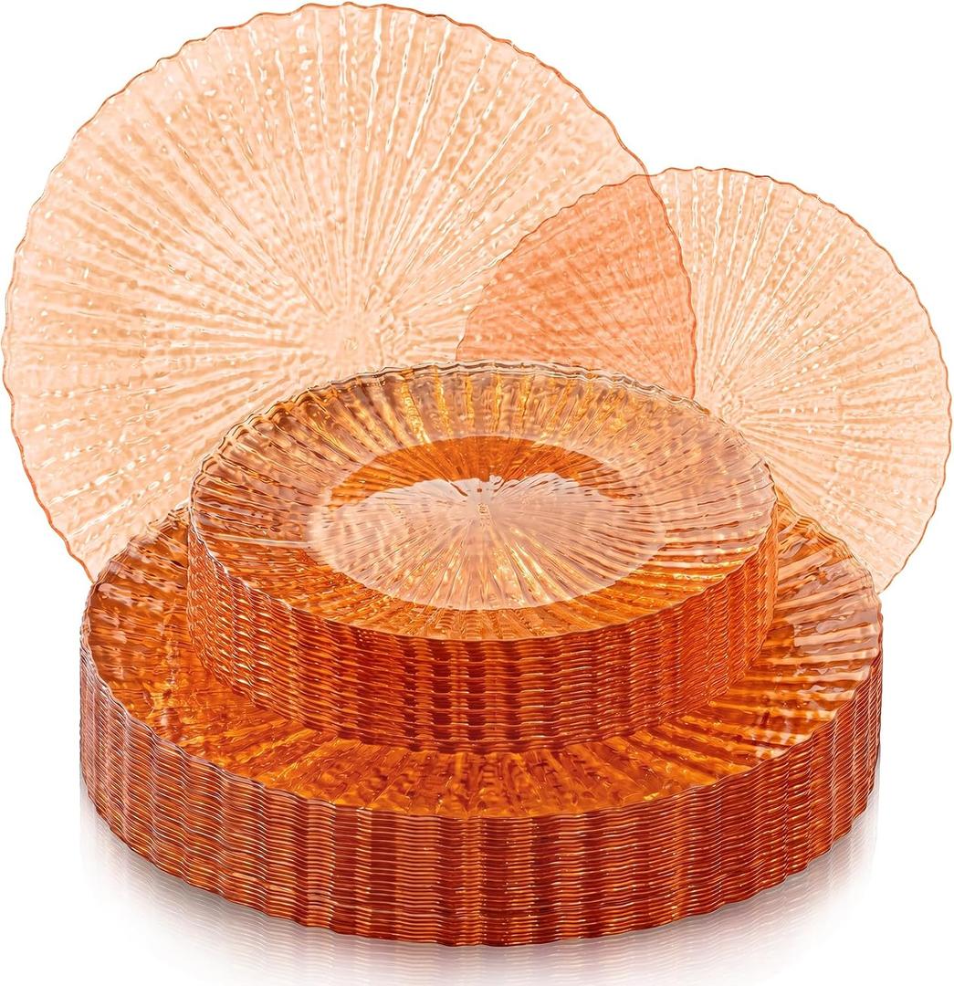 SUT 60pcs Clear Orange Plastic Plates,Elegant Disposable Plates,Perfect for Weddings, Birthday Parties, and All Party Events,Include 30 Clear Dessert Plates, 30 Dinner Plates for Party