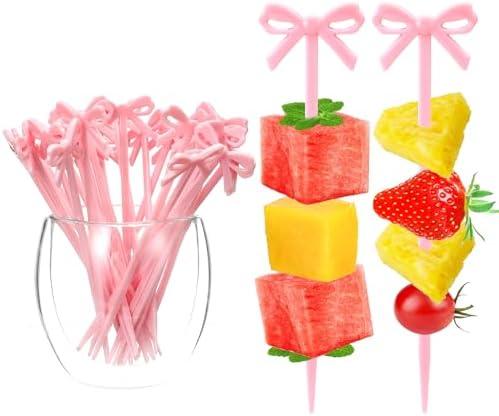 JJUNW 30 PCS Pink Bow Cocktail Picks, Acrylic Pink Bow Skewers Cute Bowknot Toothpicks Fruit Skewer Bow Skewers for Appetizers Drink Cake Dessert Birthday Party Decorations